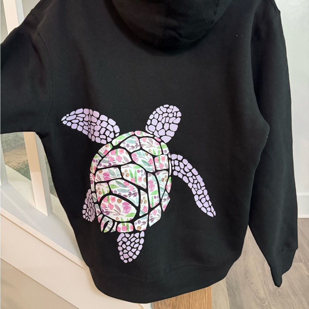 Ocean Turtle Hoodie, Floral Vinyl Print & Embroidery, Handmade